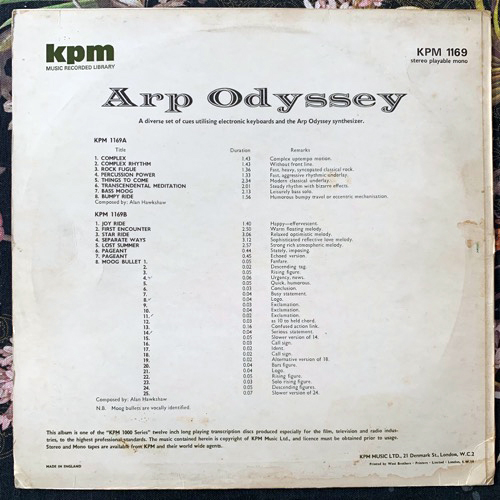 ALAN HAWKSHAW Arp Odyssey (KPM - UK original) (VG/VG+) LP