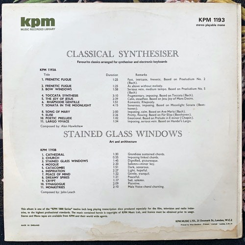 ALAN HAWKSHAW/JOHN LEACH Classical Synthesizer/Stained Glass Windows (KPM - UK original) (VG+) LP