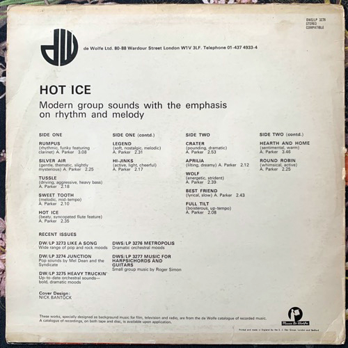 ALAN PARKER Hot Ice (Music De Wolfe - UK original) (VG-) LP