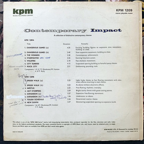 FRANCIS MONKMAN & MALCOLM IRONTON/PETE KELLY Contemporary Impact (KPM - UK original) (VG/VG+) LP