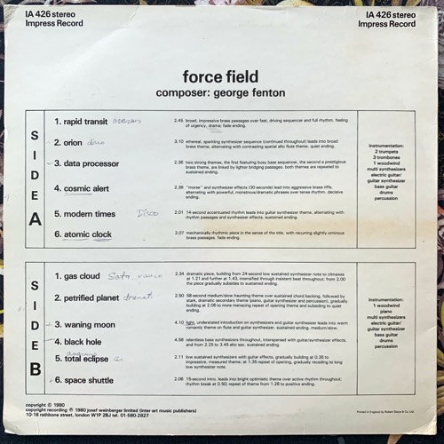 GEORGE FENTON Force Field (Impress - UK original) (VG/EX) LP