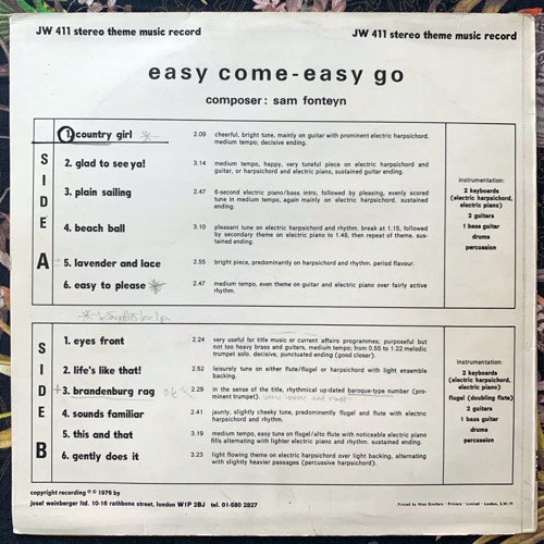 SAM FONTEYN Easy Come Easy Go (JW Theme Music - UK original) (VG+) LP
