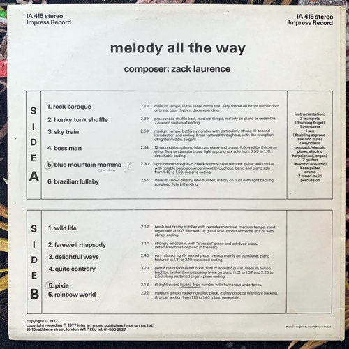 ZACK LAURENCE Melody All The Way (Impress - UK original) (VG+) LP