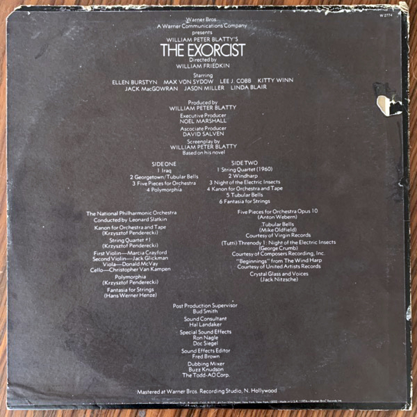 SOUNDTRACK The National Philharmonic Orchestra / Leonard Slatkin ‎– Music Excerpts From The Motion Picture The Exorcist (Warner - USA original) (G/VG+) LP