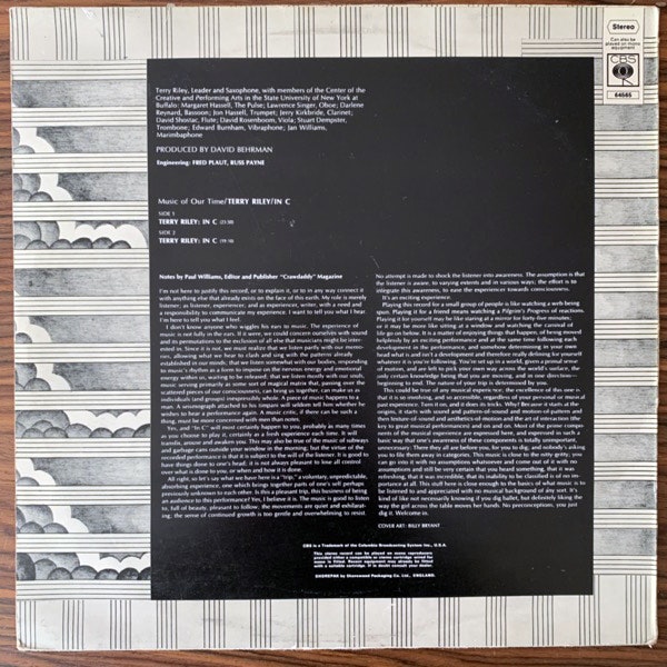 TERRY RILEY In C (CBS - UK original) (VG+) (NWW List) LP