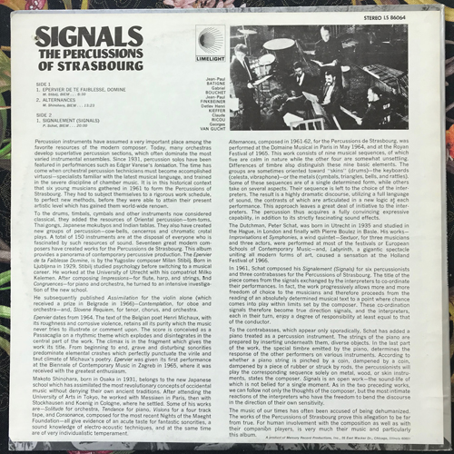 PETER SCHAT, MAKOTO SHINOHARA, MILAN STIBILJ The Percussions Of Strasbourg (Limelight - USA original) (VG+) LP