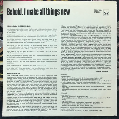 SVEN-ERIC BÄCK, INGVAR LIDHOLM, BENGT HAMBRÆUS Behold, I Make All Things New (SR - Sweden original) (EX/VG+) LP