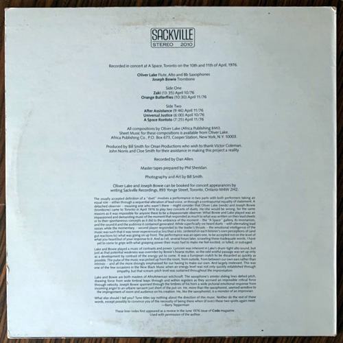 JOSEPH BOWIE, OLIVER LAKE Joseph Bowie • Oliver Lake (Sackville - USA original) (VG+/EX) LP