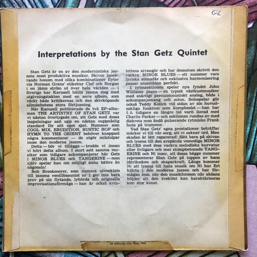 STAN GETZ QUINTET Interpretations By The Stan Getz Quintet 2 (Karusell - Sweden original) (VG-) 7"