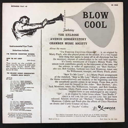MELROSE AVENUE CONSERVATORY CHAMBER MUSIC SOCIETY, the Blow Cool (Decca - UK original) (VG+) 7"