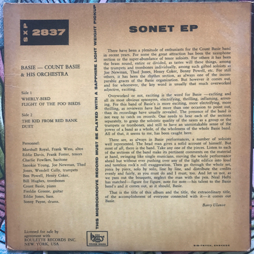 COUNT BASIE & HIS ORCHESTRA Basie (Blue vinyl) (Sonet - Sweden original) (VG/VG-) 7"