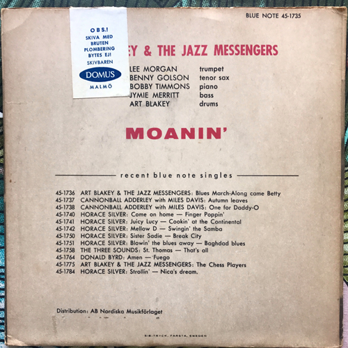 ART BLAKEY & THE JAZZ MESSENGERS Moanin' (Blue Note - Sweden original) (VG) 7"