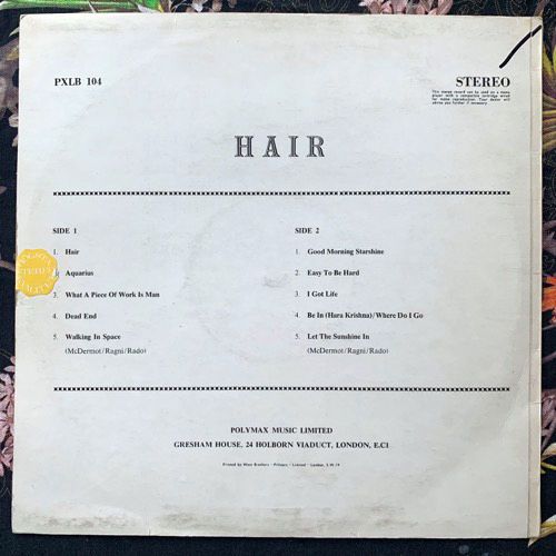 SOUNDTRACK Reddy, Sue Kramer, The Broadway Matadors ‎– Hair (Polymax - UK original) (VG+) LP