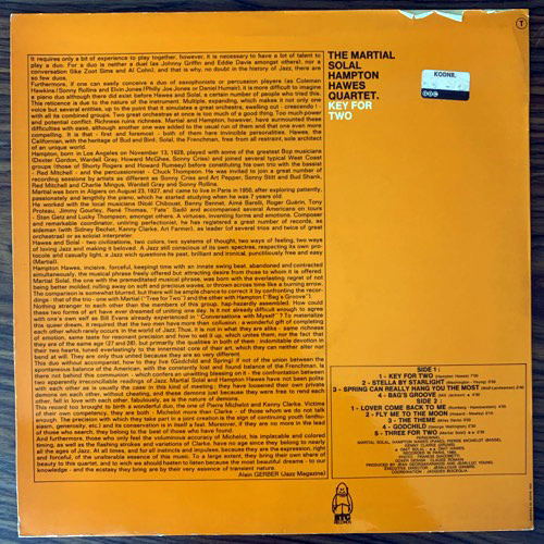 HAMPTON HAWES, MARTIAL SOLAL Key For Two (BYG - France original) (VG+) LP