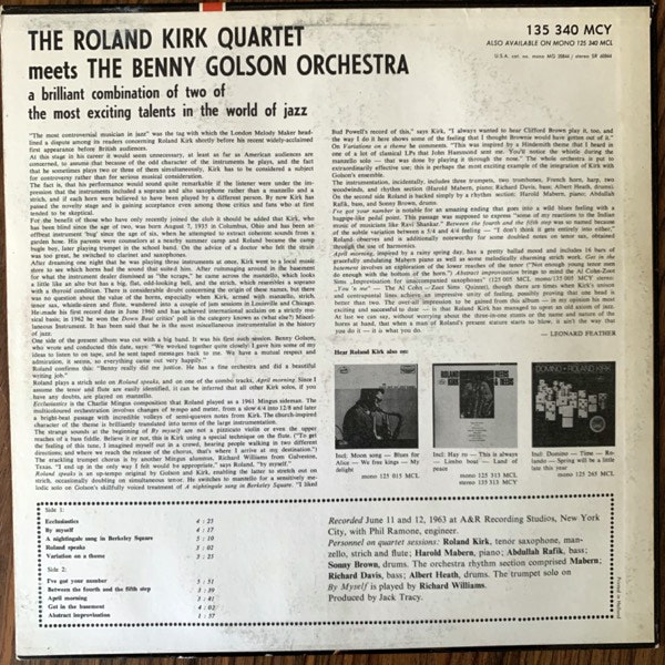 ROLAND KIRK QUARTET, the The Roland Kirk Quartet Meets The Benny Golson Orchestra (Mercury - Holland original) (VG+) LP