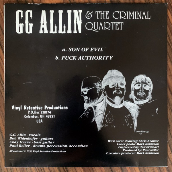 GG ALLIN & THE CRIMINAL QUARTET Son Of Evil (Vinyl Retentive - USA original) (VG+) 7"