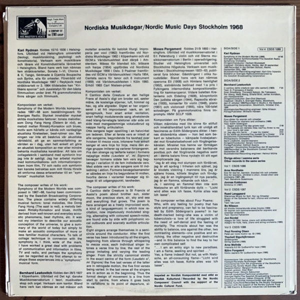 KARI RYDMAN, BERNHARD LEWKOVITCH, MOSES PERGAMENT Nordiska Musikdagar 1968 Nordic Music Days Vol.4 (EMI - Sweden original) (EX/VG+) LP
