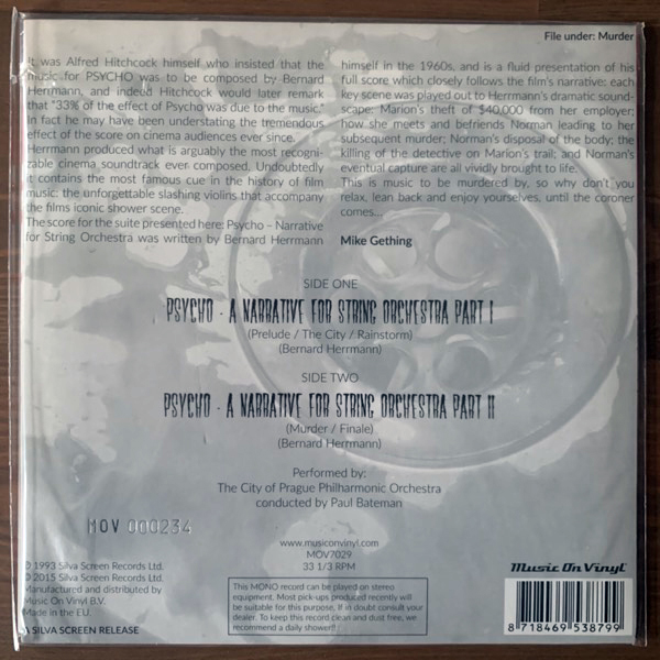 SOUNDTRACK Bernard Herrmann ‎– Psycho (A Narrative For String Orchestra) (Red vinyl) (Music On Vinyl - Europe original) (EX) 7"