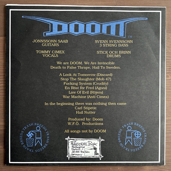 DOOM Hail To Sweden (Pandora's Box - Germany original) (EX/VG+) 7"