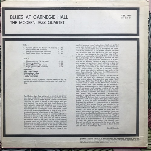 MODERN JAZZ QUARTET, the Blues At Carnegie Hall (Philips - UK original) (VG+/VG-) LP
