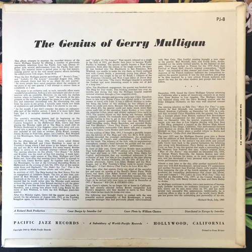 GERRY MULLIGAN The Genius Of Gerry Mulligan (Pacific Jazz - Europe original) (VG+/VG) LP