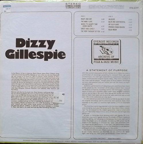 DIZZY GILLESPIE Dizzy Gillespie Archive Of Folk & Jazz Music - USA original) (NM/VG+) LP