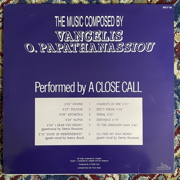 A CLOSE CALL The Music Composed By Vangelis O. Papathanassiou (BR - Belgium original) (VG+) LP