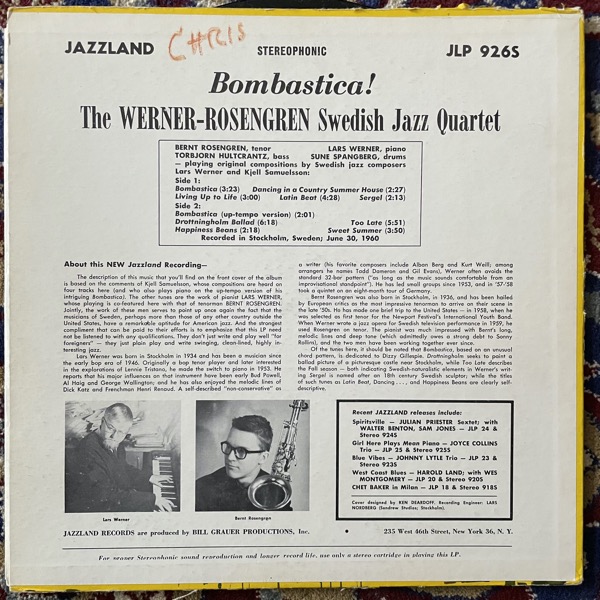 WERNER-ROSENGREN SWEDISH KAZZ QUARTET, the Bombastica! (Jazzland - USA original) (VG-) LP