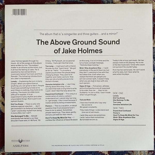 JAKE HOLMES The Above Ground Sound Of Jake Holmes (Phoenix - UK reissue) (EX/NM) LP