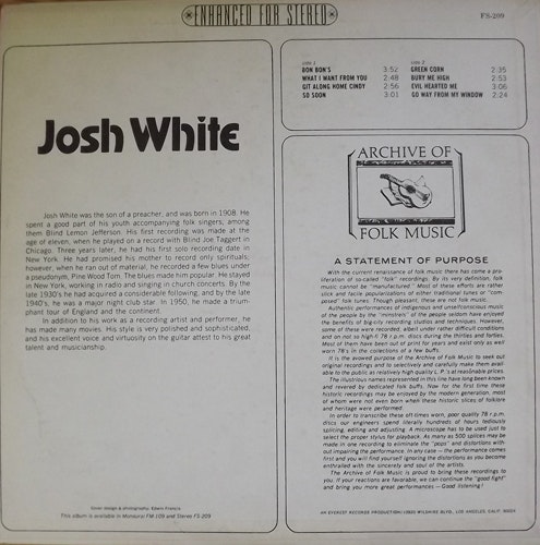 JOSH WHITE Josh White (Archive Of Folk & Jazz Music - USA original) (VG/G) LP