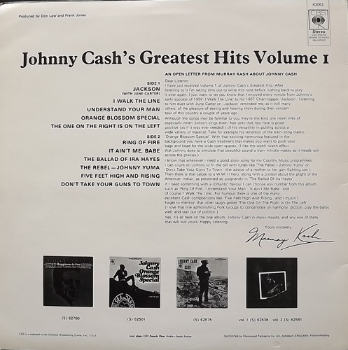 JOHNNY CASH Greatest Hits Volume 1 (CBS - UK early reissue) (VG+/G) LP