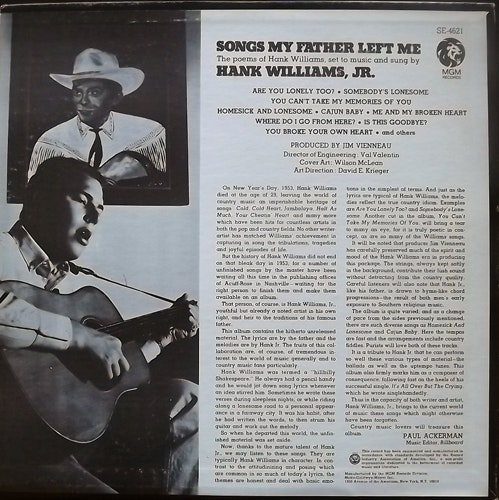 HANK WILLIAMS JR. Songs My Father Left Me (MGM - USA original) (VG/EX) LP
