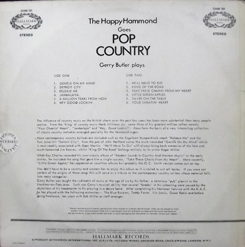 GERRY BUTLER The Happy Hammond Goes Pop Country (Hallmark - UK original) (VG+/VG-) LP