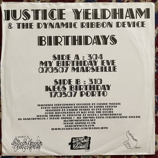 JUSTICE YELDHAM AND THE DYNAMIC RIBBON DEVICE Birthdays (Anarchymoon - USA original) (VG-/EX) LP