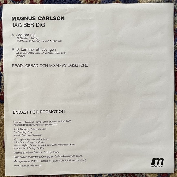 MAGNUS CARLSON Jag Ber Dig (Promo) (Warner - Sweden original) (VG+) 7"