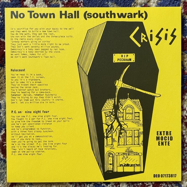 CRISIS No Town Hall (Yellow vinyl) (Extremocidente - Portugal reissue) (NM) 7"