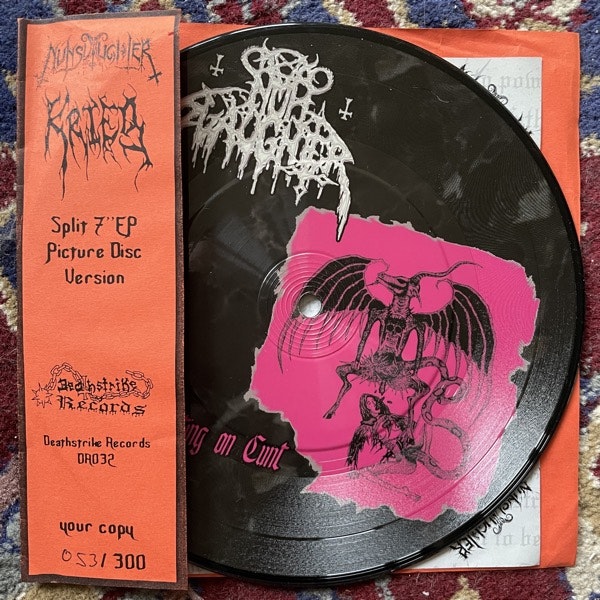 NUNSLAUGHTER / KRIEG Satan Shitting On Cunt / Flesh Descending (Deathstrike - Germany original) (VG+) PIC 7"