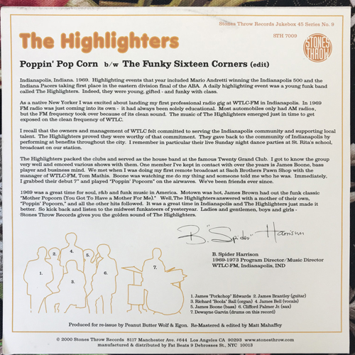 HIGHLIGHTERS BAND, the Poppin' Pop Corn (Stones Throw - USA reissue) (EX/VG+) 7"