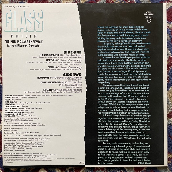 PHILIP GLASS Songs From Liquid Days (CBS - Europe original) (VG+/NM) LP