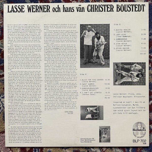 LASSE WERNER OCH HANS VÄN CHRISTER BOUSTEDT Lasse Werner Och Hans Vän Christer Boustedt (Bellatrix - Sweden original) (VG+) LP