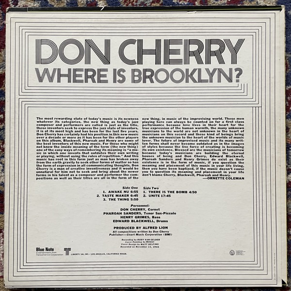 DON CHERRY Where Is Brooklyn? (Blue Note - USA original) (VG/VG+) LP