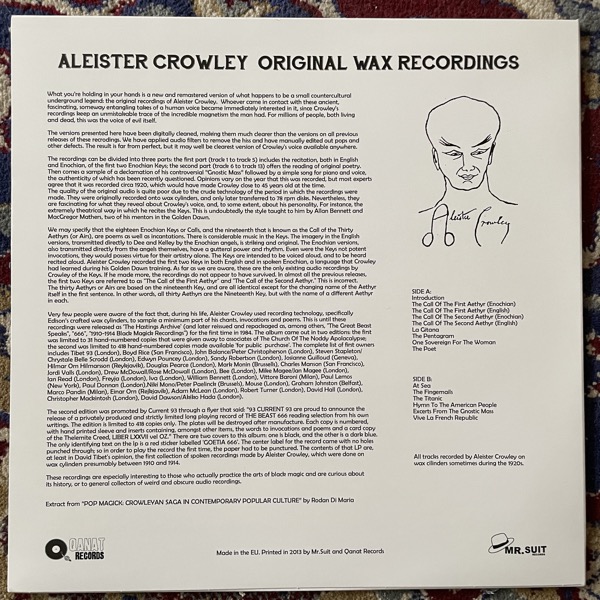 ALEISTER CROWLEY Original Wax Recordings (Mr. Suit - Europe reissue) (EX) LP