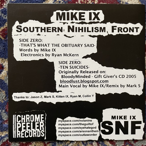 MIKE IX WILLIAMS That's What The Obituary Said / Ten Suicides (Splatter vinyl) (Chrome Peeler - USA original) (EX/VG+) 7"