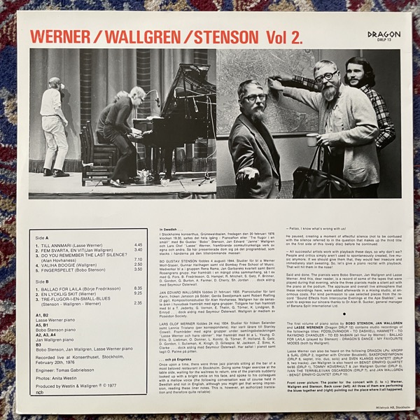 LASSE WERNER, JAN WALLGREN, BOBO STENSON Triple Play - Jazz Piano Volume 2 (Dragon - Sweden original) (EX) LP