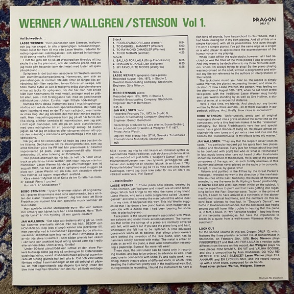 LASSE WERNER, JAN WALLGREN, BOBO STENSON Triple Play - Jazz Piano Volume 1 (Dragon - Sweden original) (EX) LP