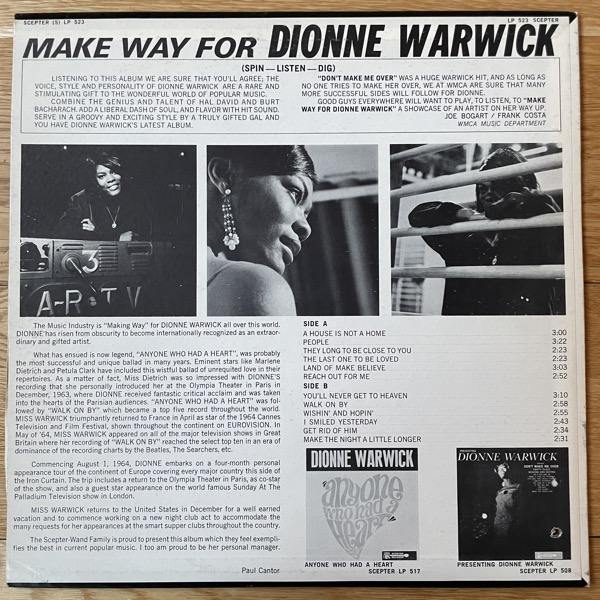 DIONNE WARWICK Make Way For Dionne Warwick (Scepter - USA 1971 reissue) (VG+/VG) LP