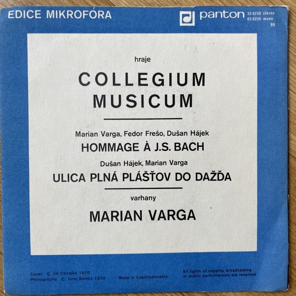 COLLEGIUM MUSICUM Hommage À J. S. Bach / Ulica Plná Plášťov Do Dažďa (Panton - Czechoslovakia repress) (VG) 7"
