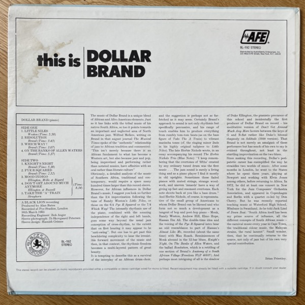 DOLLAR BRAND This Is Dollar Brand (Black Lion - USA original) (VG/VG+) LP