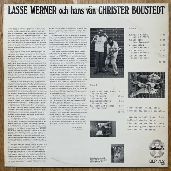 LASSE WERNER OCH HANS VÄN CHRISTER BOUSTEDT Lasse Werner Och Hans Vän Christer Boustedt (Bellatrix - Sweden original) (VG+/EX) LP