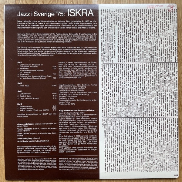 ISKRA Jazz I Sverige '75 (Caprice - Sweden original) (EX) (NWW List) 2LP